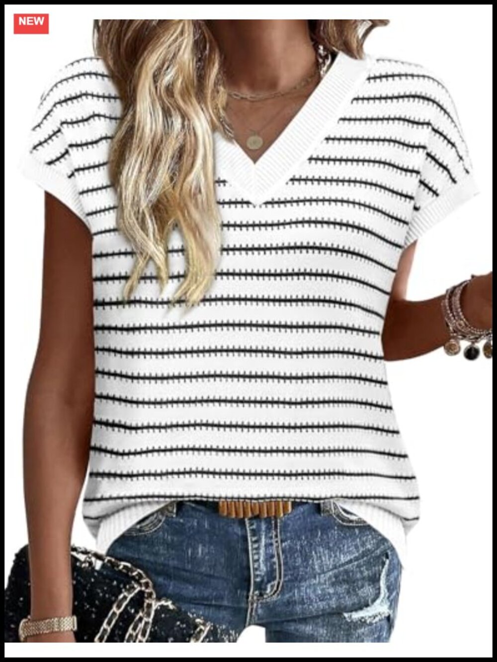 Short Sleeve Sweater V Neck Striped Knit Pullover Hollow Out Lightweight Summer